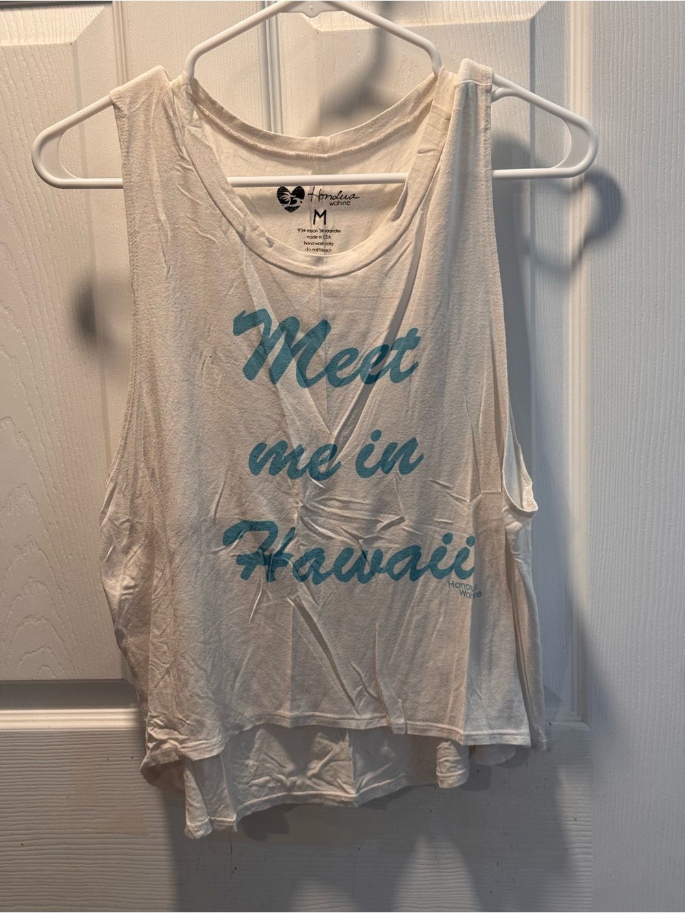 Meet Me in Hawaii Graphic Tank Top - White with Teal Script